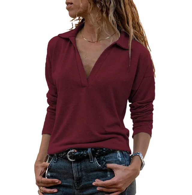 Loose V neck Pullover Solid Color Stand up Collar Sweater Red - Shop at LoveMi