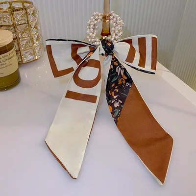 Pearl Head Rope Ribbon Silk Scarf Headband Coffee Memories - Shop at LoveMi