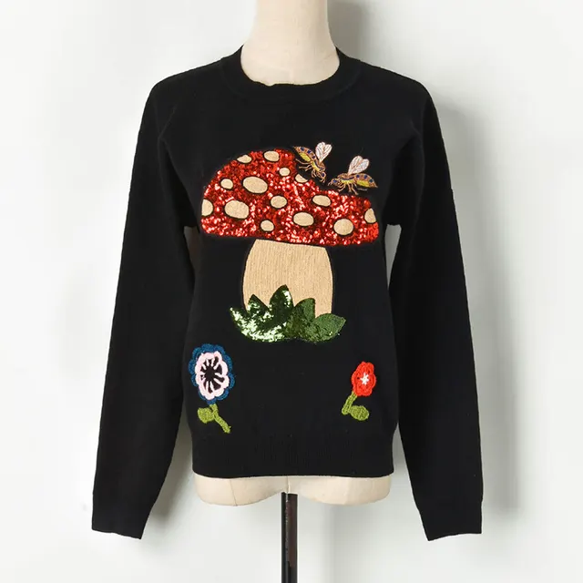 Sequined Bee Mushroom Crew Neck Knitted Sweater Pullover Black - Shop at LoveMi