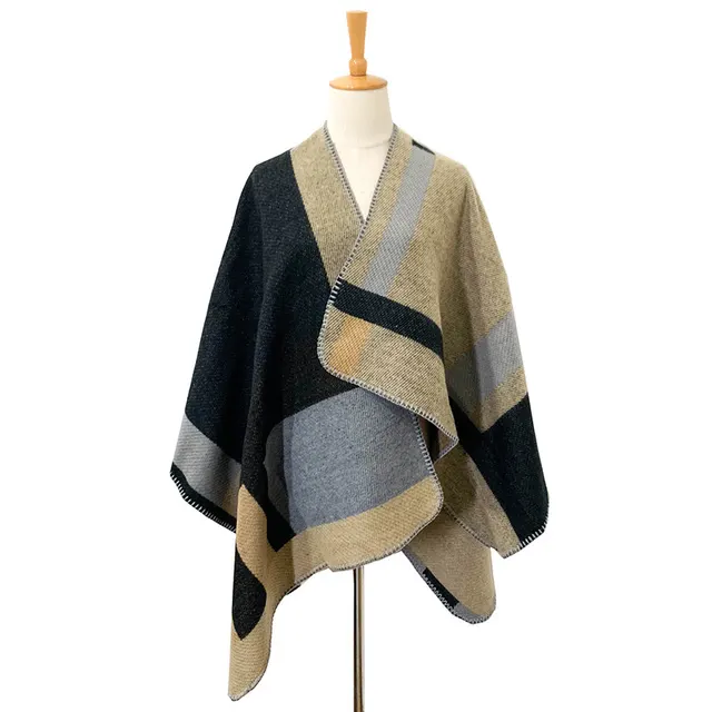 Embroidery Letters Women Thickened Cashmere Retro Plaid Shawl Khaki - Shop at LoveMi