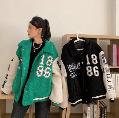 Thickened Warm Lamb Wool Embroidered Cotton Coat Green - Shop at LoveMi