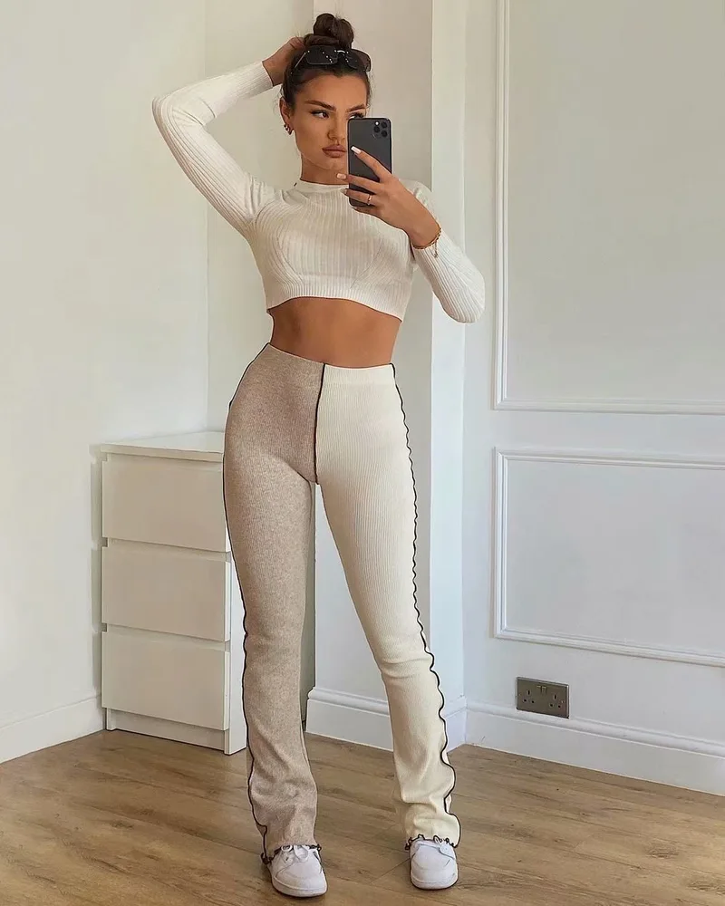 Trendy European And American Style Sexy Color Matching Skinny Flared Pants White With Red Bean Paste - Shop at LoveMi