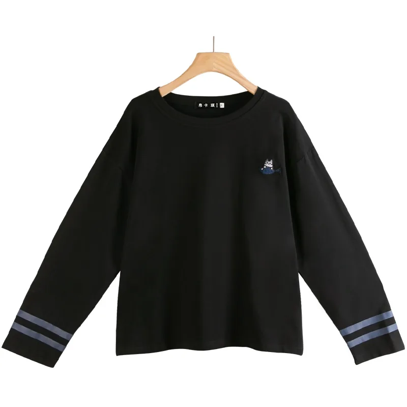 Striped Long-sleeved White T-shirt Female Korean Cartoon Embroidery Bottoming Shirt Student Top - Black