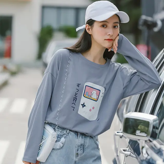 Pure Cotton Long sleeved T shirt Women's Thin Loose Bottoming Round Neck Top Grey Blue - Shop at LoveMi