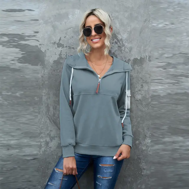Pure Color Casual Long sleeved Hooded Women's Sweater Light Blue - Shop at LoveMi