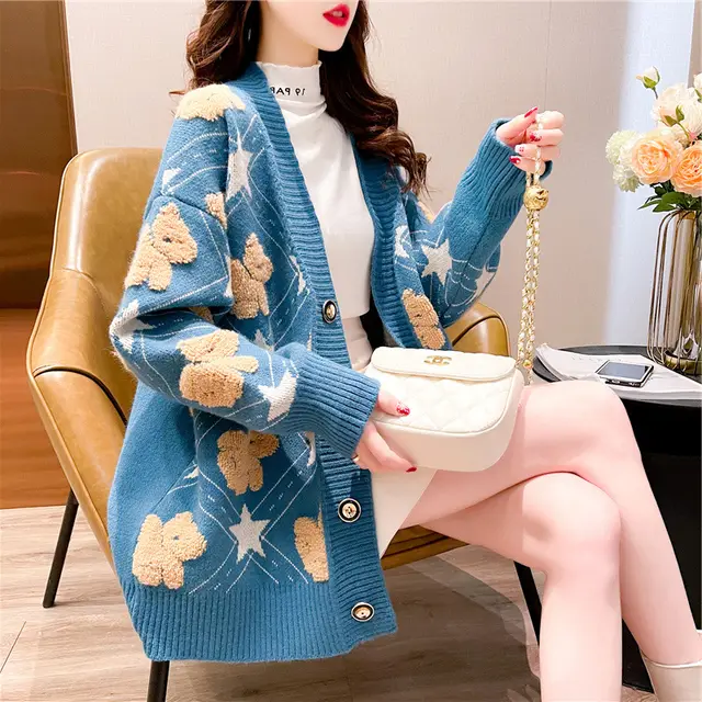 New Thick And Loose Lazy Style V neck Bear Knitted Cardigan Women Blue - Shop at LoveMi