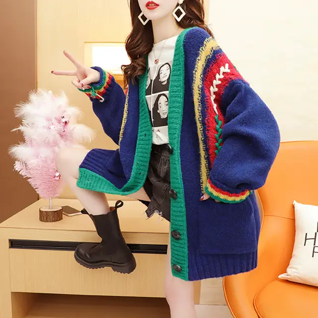 Women's Sweater Loose Lazy Style Knitted Temperament Jacket Blue - Shop at LoveMi