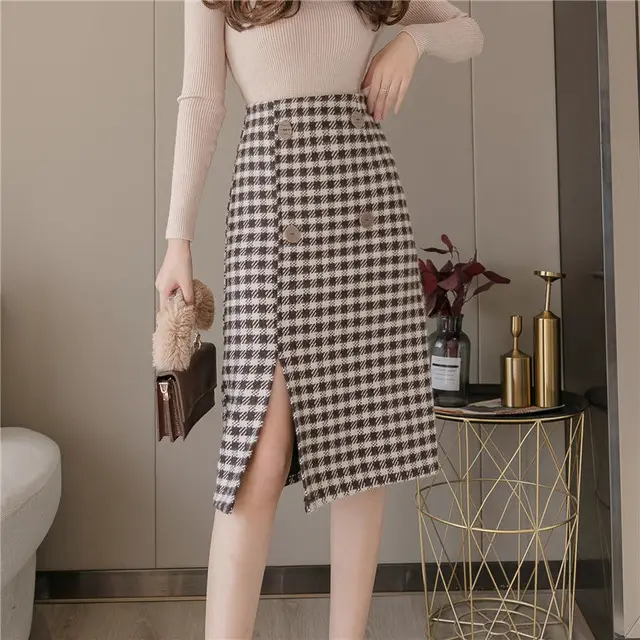 Woolen Plaid Mid length Skirt High Waist Thinner One step Split A line Coffee - Shop at LoveMi