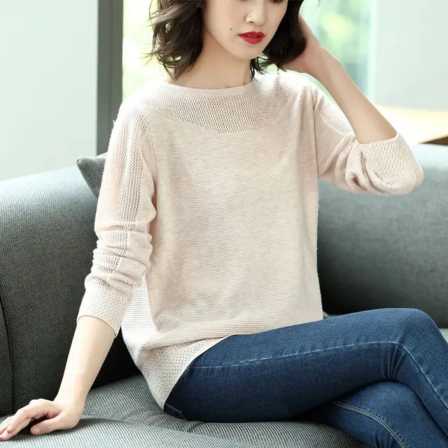 The New Ice Silk Knit Sweater New One neck Top Short Light Beige - Shop at LoveMi