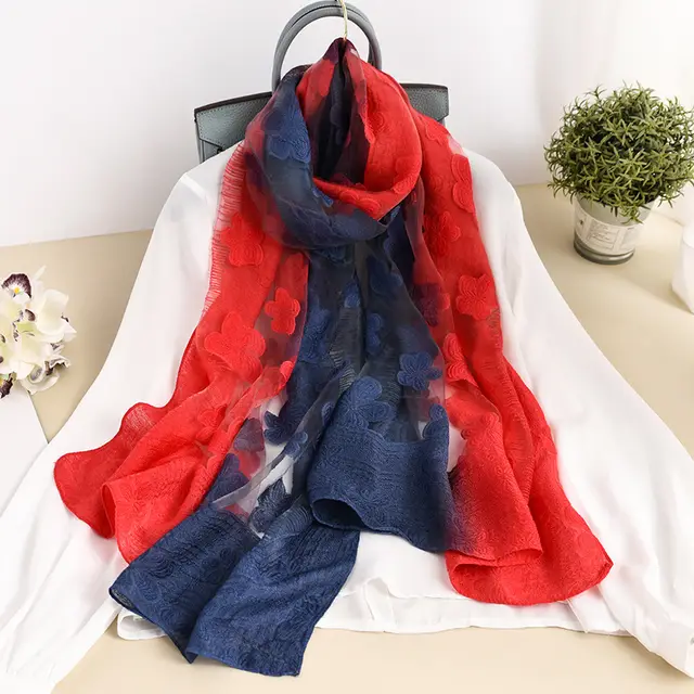 New Lace Hollowed Out Flower Cutting Gradient Rose Scarf Fe Red Navy - Shop at LoveMi