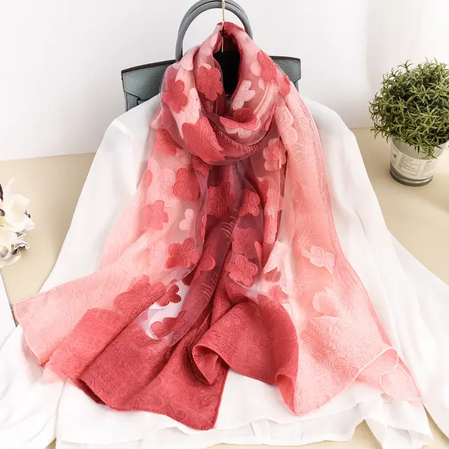 New Lace Hollowed Out Flower Cutting Gradient Rose Scarf Fe Red Pale Pink - Shop at LoveMi