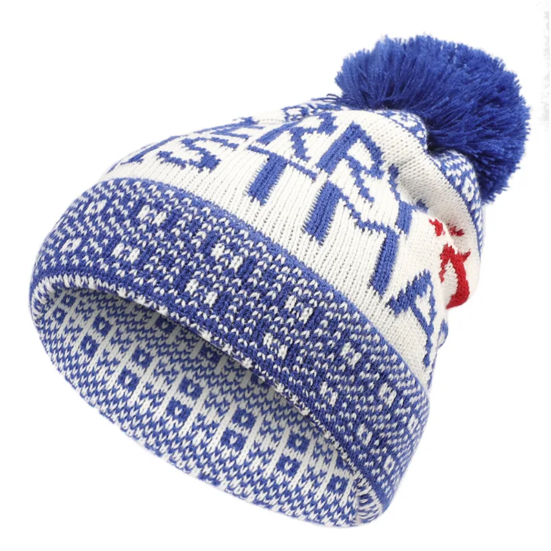Christmas Elk Fur Ball Print Knitted Christmas Hat - Blue