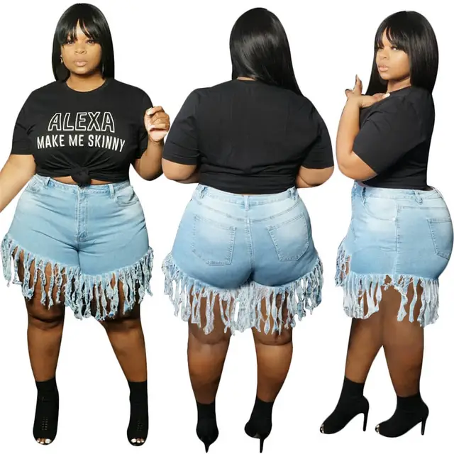 Fashion Sexy Bag Hip Tassel Fat MM Denim Straight Shorts Light Blue - Shop at LoveMi