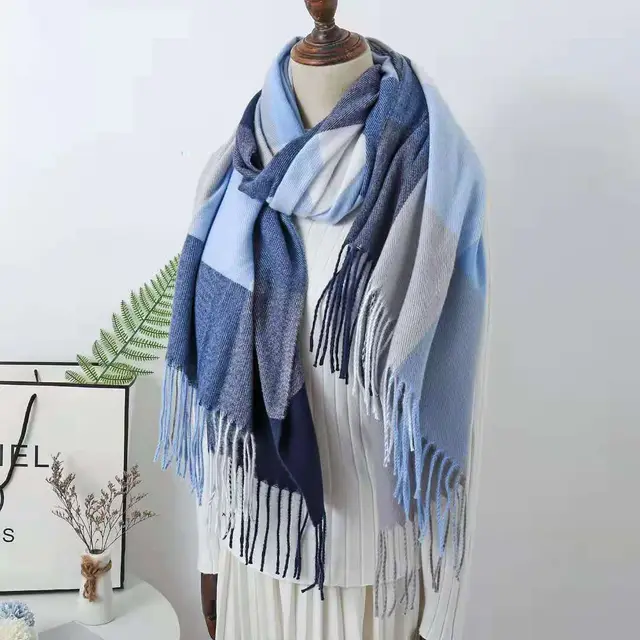 Cashmere Check Scarf Mid length Thick Warmth Tassel Shawl Blue Grey Grid - Shop at LoveMi