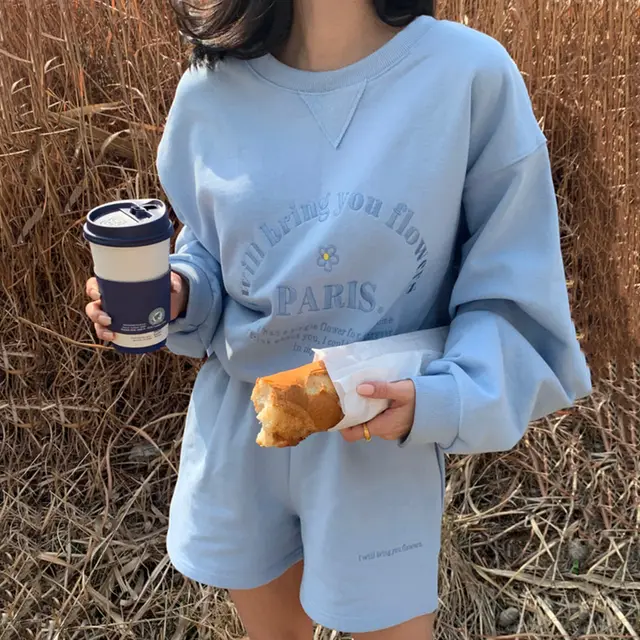 Round Neck Embroidered Letter Sweater Casual Shorts Suit Women Blue Shorts - Shop at LoveMi