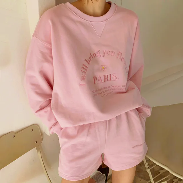 Round Neck Embroidered Letter Sweater Casual Shorts Suit Women Pink Sweater - Shop at LoveMi