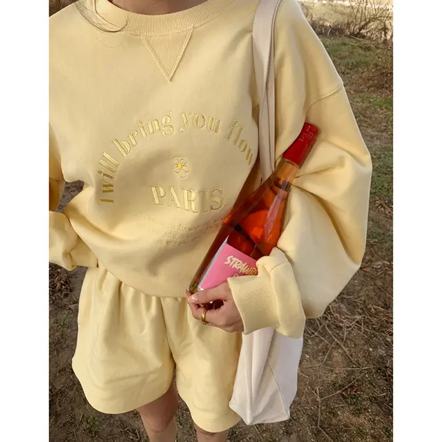 Round Neck Embroidered Letter Sweater Casual Shorts Suit Women Yellow Sweater - Shop at LoveMi