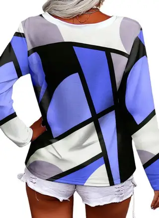 Long Sleeve Casual Loose V-neck Cross Geometric Print - Blue