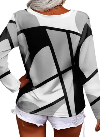 Long Sleeve Casual Loose V-neck Cross Geometric Print - Grey