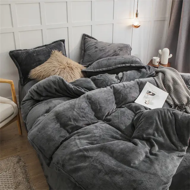 Four piece Plush Double sided Fleece Warm Yellow Duvet Cover Dark Grey - Shop at LoveMi