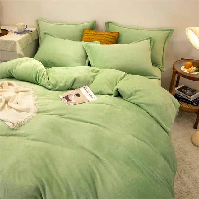Four piece Plush Double sided Fleece Warm Yellow Duvet Cover Light Green - Shop at LoveMi