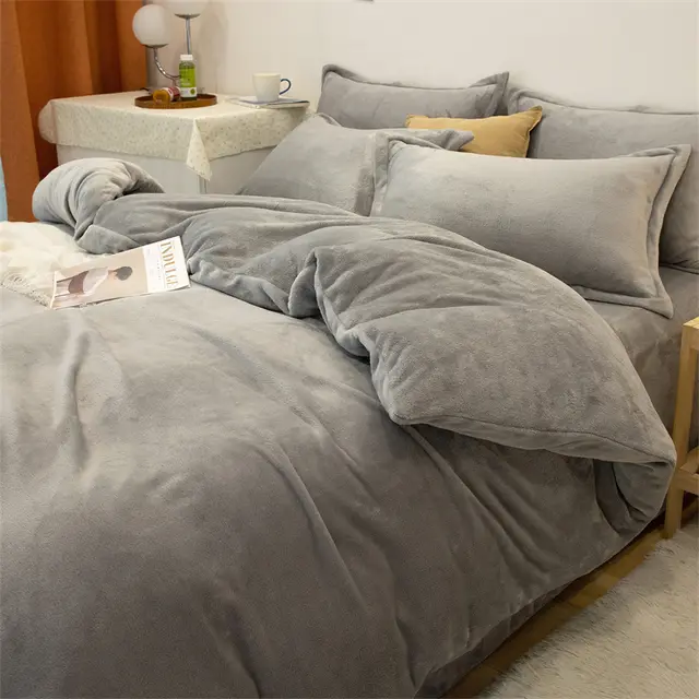 Four piece Plush Double sided Fleece Warm Yellow Duvet Cover Light Grey - Shop at LoveMi