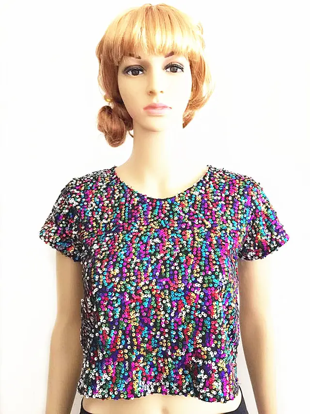 Ladies' Straight Stretch Sequin Short Sleeve T shirt Color - Shop at LoveMi