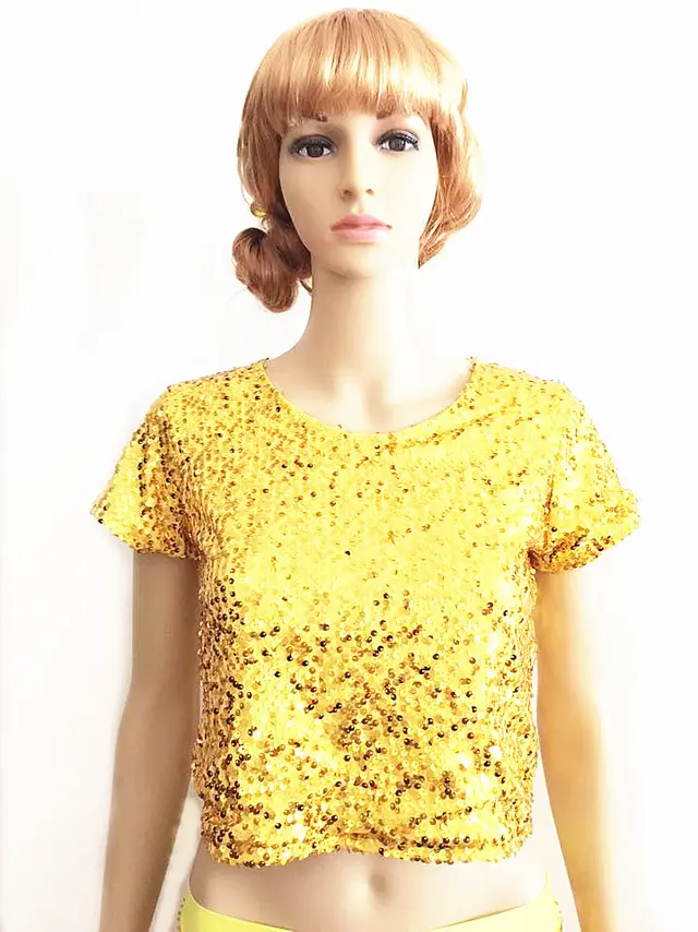Ladies' Straight Stretch Sequin Short Sleeve T shirt Gold - Shop at LoveMi