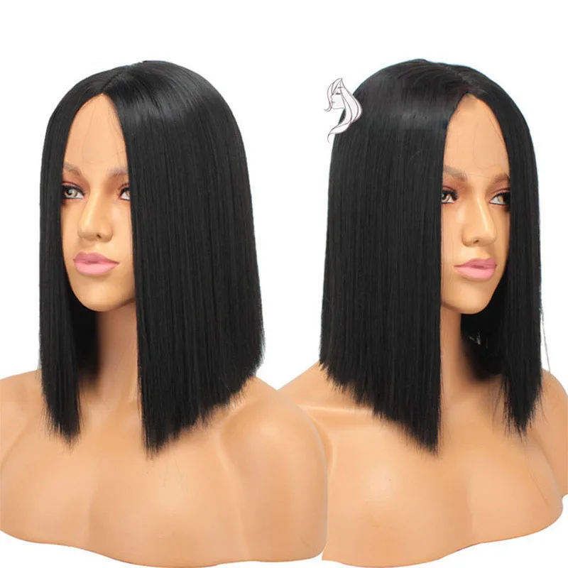 Ladies Black Short Straight Hair Front Lace Chemical Fiber Ls00712In - Shop at LoveMi