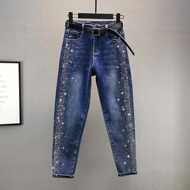 Hot Rhinestone Daddy Harem Pants Women's Jeans Dark Blue - Shop at LoveMi