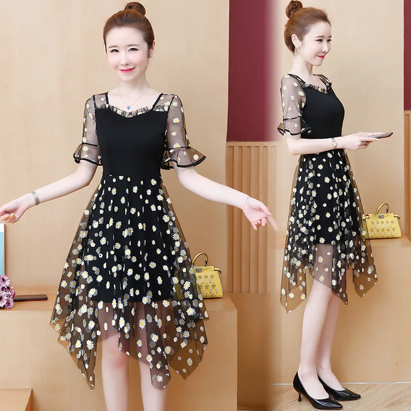 V neck Belly covering Floral Stitching Mesh Irregular Dress Black - Shop at LoveMi