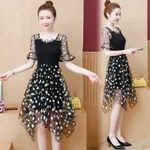 V-neck Belly-covering Floral Stitching Mesh Irregular Dress - Black