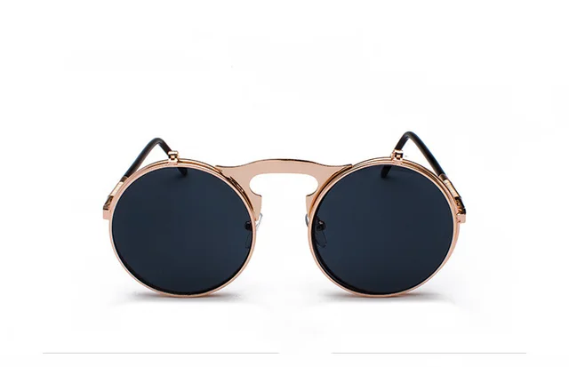 Retro Metal Steampunk Flip Sunglasses Round Frame Rose Gold Frame Grey Piece - Shop at LoveMi