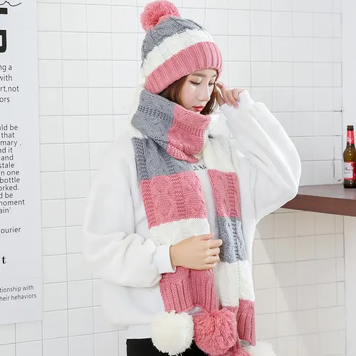 Autumn And Winter All match Knitted Hat Woolen Hat Twopiece Pink Towel Set - Shop at LoveMi
