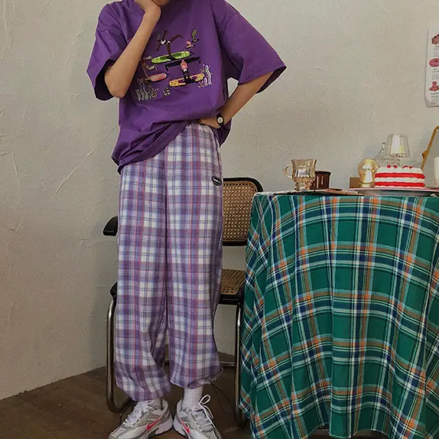 Women's Casual Loose Plaid Straight leg Trousers Purple - Shop at LoveMi