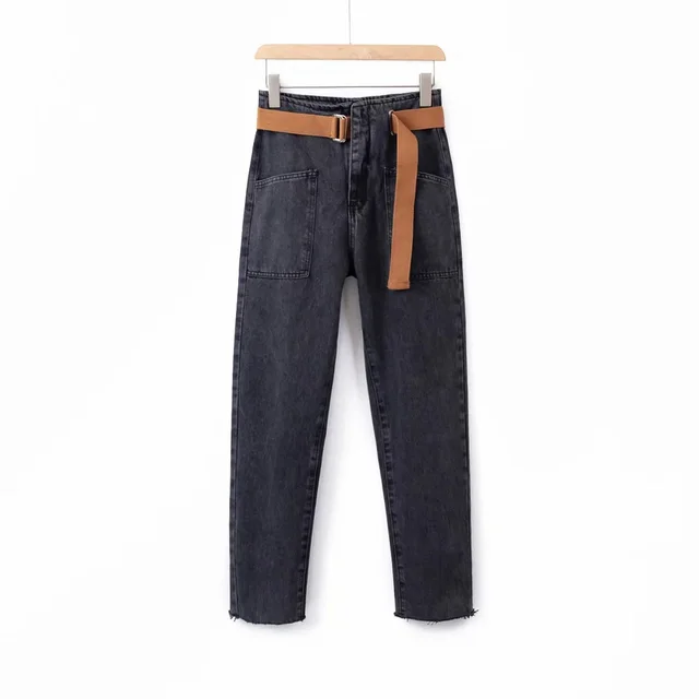 Ladies Polyester Denim Daddy Pants With Belt Grey - Shop at LoveMi