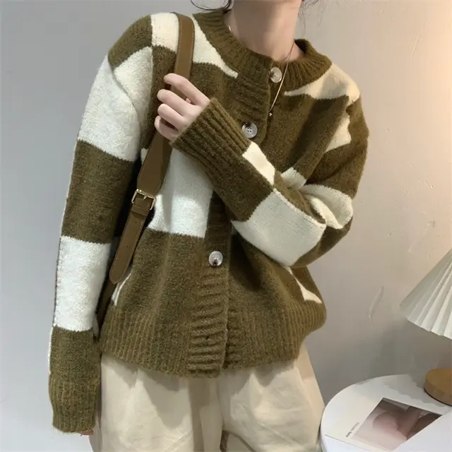 Women's Loose Check Color Check Sweater Coat Khaki - Shop at LoveMi
