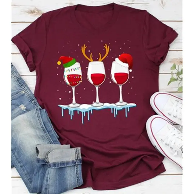 Fashion Casual Women's Printed T shirt Short Sleeves Wine Red - Shop at LoveMi