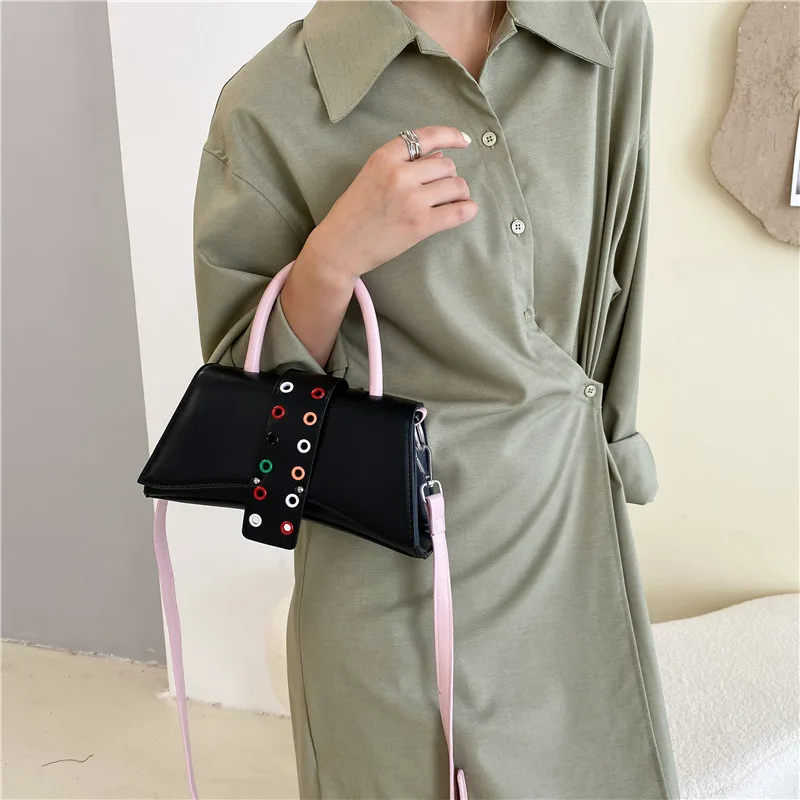 Contrasting Color Crossbody One Shoulder Small Square Bag Black - Shop at LoveMi