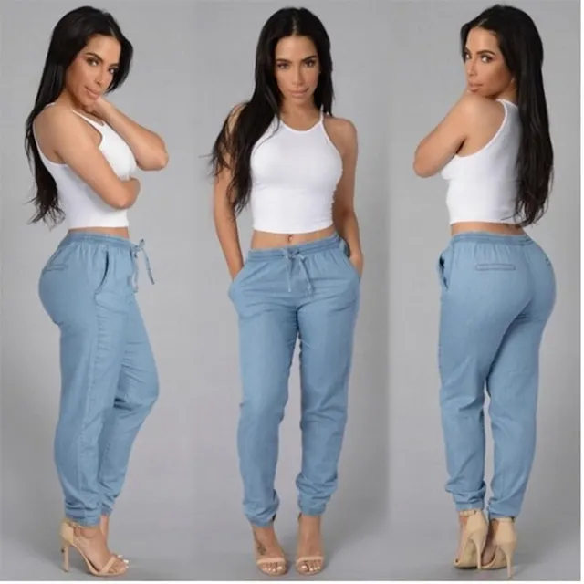 Fashion Women's Loose Solid Color Denim Trousers Light Blue - Shop at LoveMi