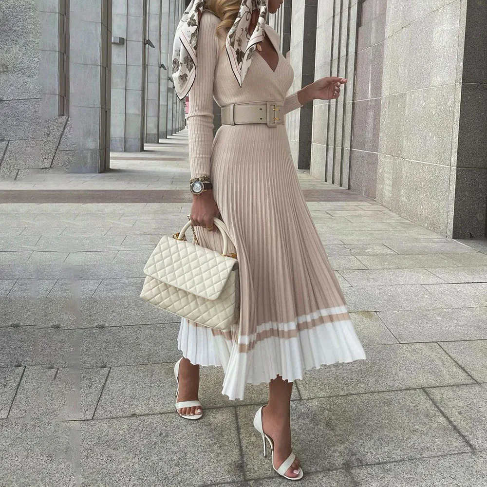 Belted Slim V Neck Knitted Pleated Dress Khaki - Shop at LoveMi