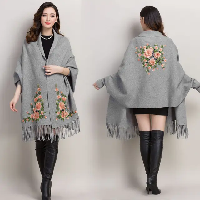 Shawl Women Embroidered Outer Cape Cloak Thick Sweater Coat 18075Grey - Shop at LoveMi