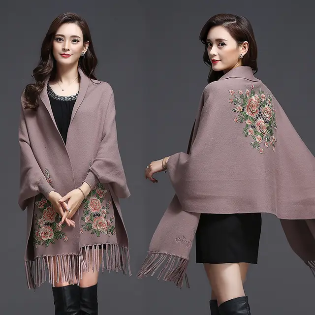 Shawl Women Embroidered Outer Cape Cloak Thick Sweater Coat 18075Khaki - Shop at LoveMi