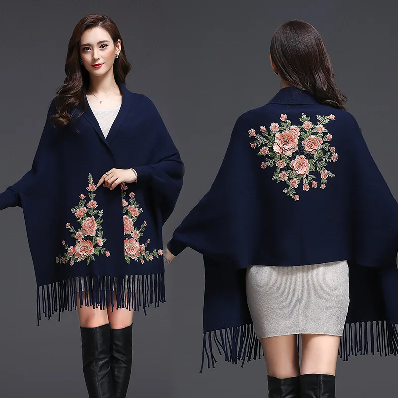 Shawl Women Embroidered Outer Cape Cloak Thick Sweater Coat - 18075Navy