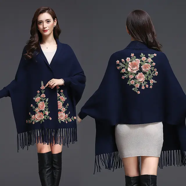 Shawl Women Embroidered Outer Cape Cloak Thick Sweater Coat 18075Navy - Shop at LoveMi