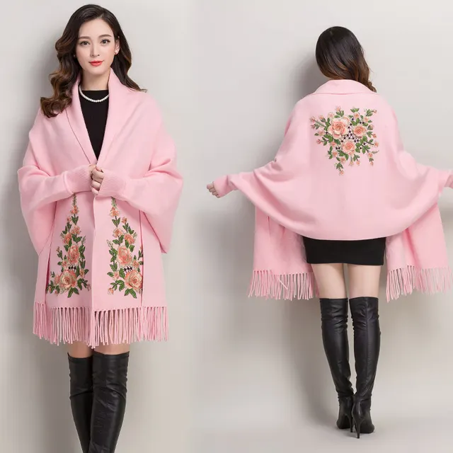 Shawl Women Embroidered Outer Cape Cloak Thick Sweater Coat 18075Pink - Shop at LoveMi