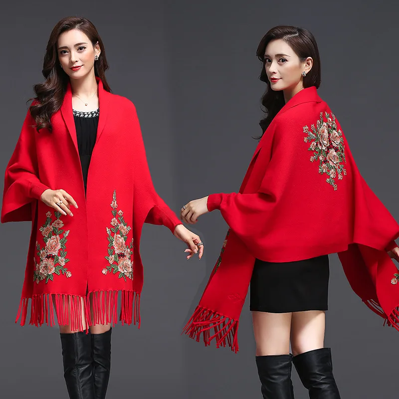 Shawl Women Embroidered Outer Cape Cloak Thick Sweater Coat - 18075Red