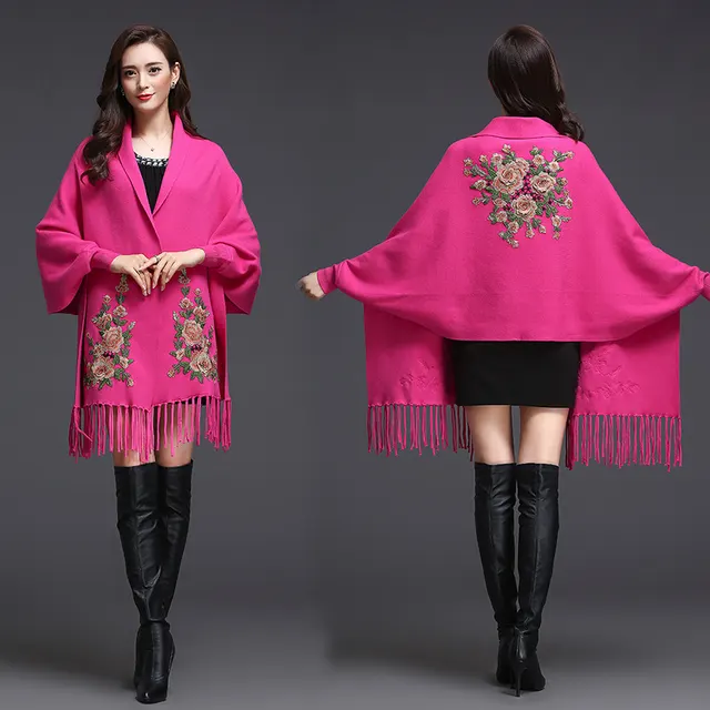 Shawl Women Embroidered Outer Cape Cloak Thick Sweater Coat 18075Rose Red - Shop at LoveMi
