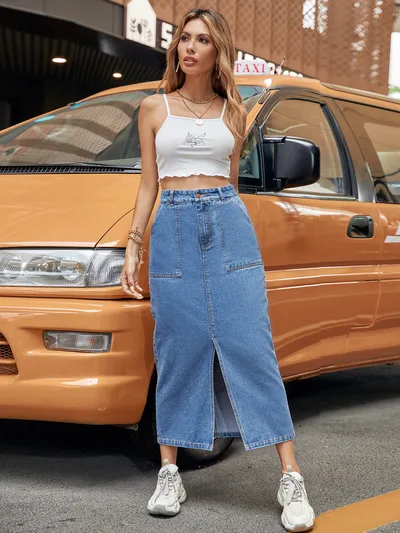 High Waist A line Slit Bag Hip Long Summer Denim Skirt Blue - Shop at LoveMi