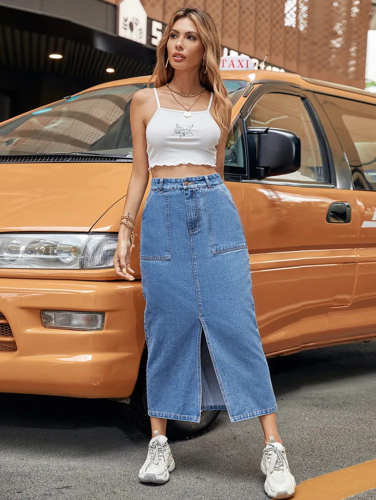 High Waist A-line Slit Bag Hip Long Summer Denim Skirt - Blue